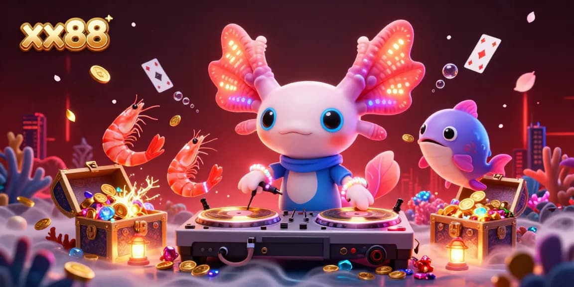 Experience thrills with xx88's lively underwater casino scene featuring a DJ axolotl and vibrant marine characters.