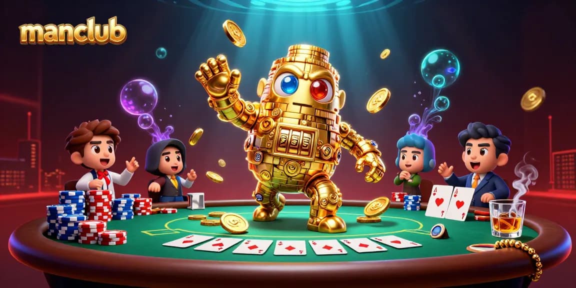 Experience the action at Manclub with an ultra-detailed scene showcasing vibrant poker games and thrilling slot experiences.