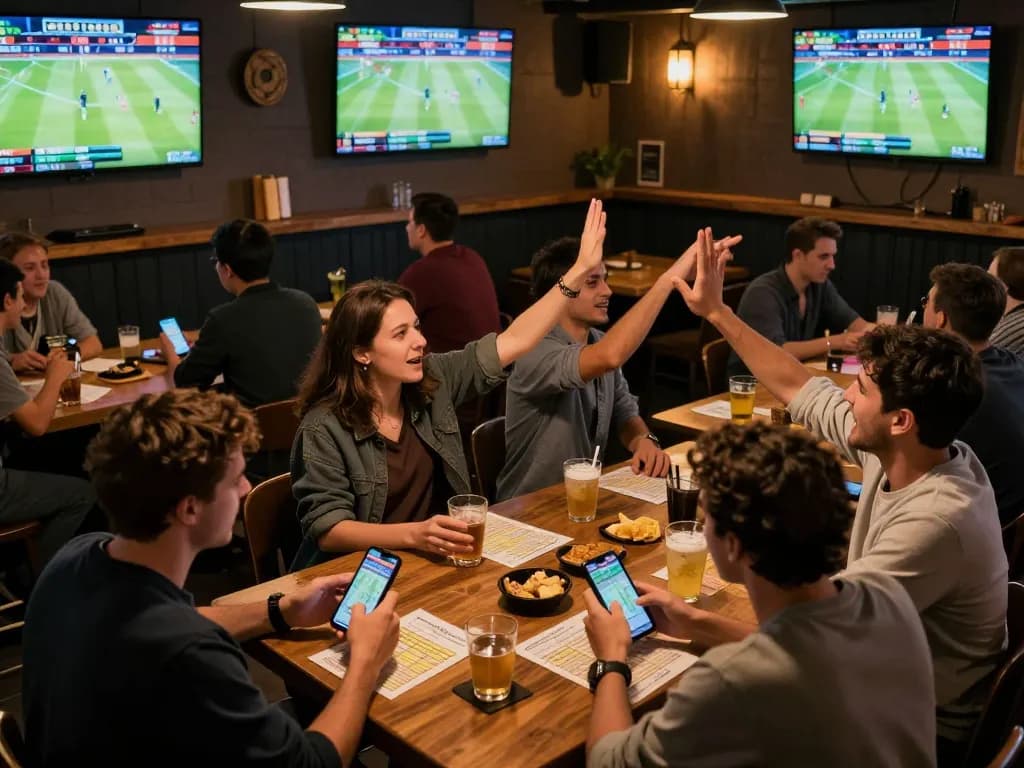 TOPBET sports enthusiasts celebrating a live betting win in a vibrant bar atmosphere.