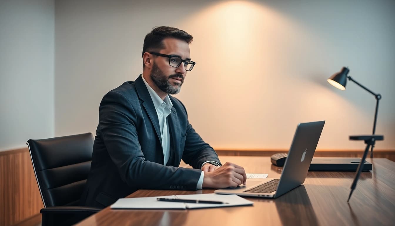 Professioneller Headhunter Hagen bei der Arbeit in einem modernen Büro, umgeben von Notizen und Laptop.