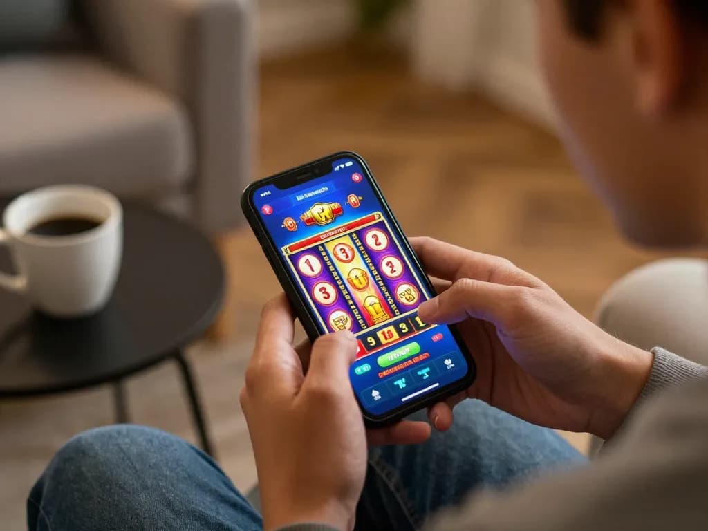 Spielen von Slots in der mobilen App, die die Aufregung der suomalaiset pikakasinot in einem gemütlichen Wohnzimmer zeigt.