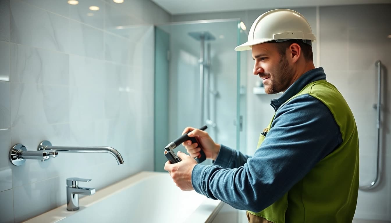 Installateur Notdienst: Professioneller Heimwerker repariert Wasserleck in modernem Badezimmer.