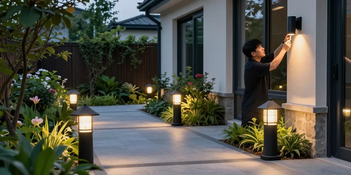 Elegante schwarze Außenlampen, die Gartenwege beleuchten und Schwarze Außenlampen in einem stilvollen Wohnambiente präsentieren.