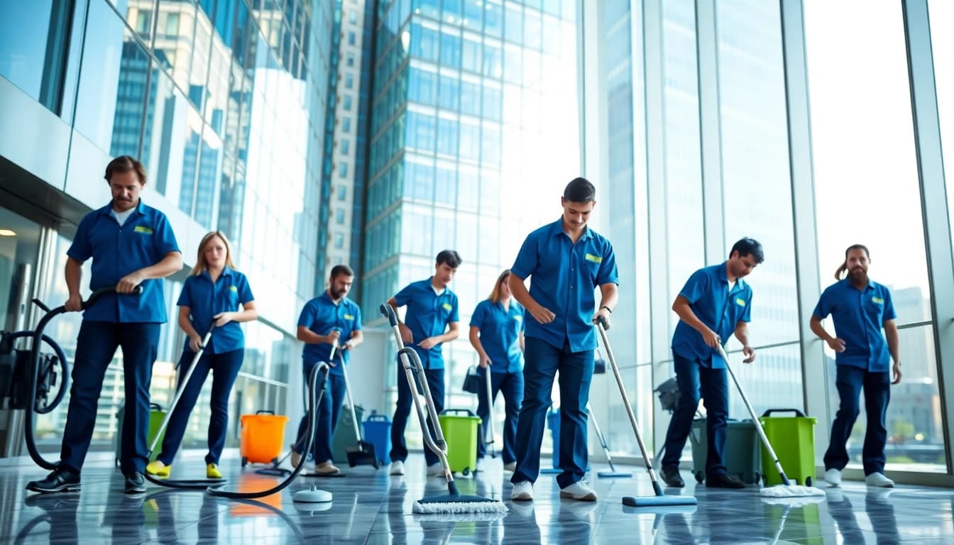 Professionals bieten Gebäudereinigung Ulm in einer modernen Büroumgebung an und demonstrieren Effizienz und Sauberkeit.