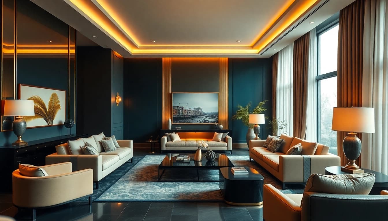 Luxury living room adorned with elegant furniture and soft ambient lighting, exuding comfort and sophistication.