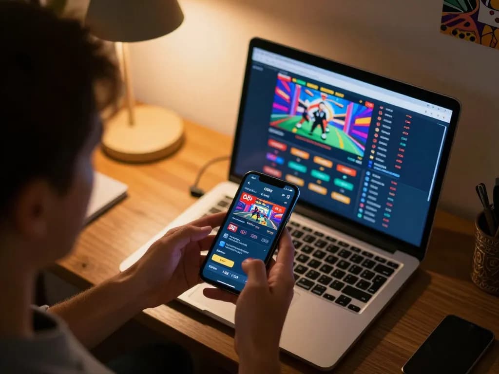 Player engaging with O8 FOREX app on smartphone during online betting session, showcasing strategic focus and vibrant interface.