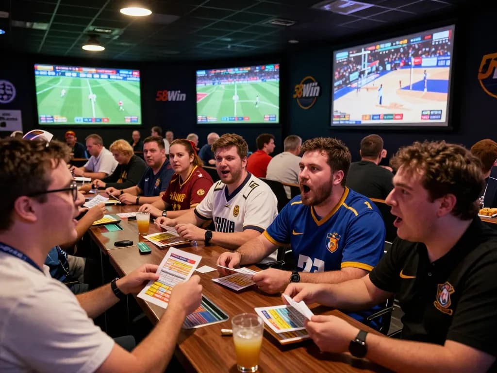 Engaged bettors experiencing the thrill of live sports betting with 58Win branding visible