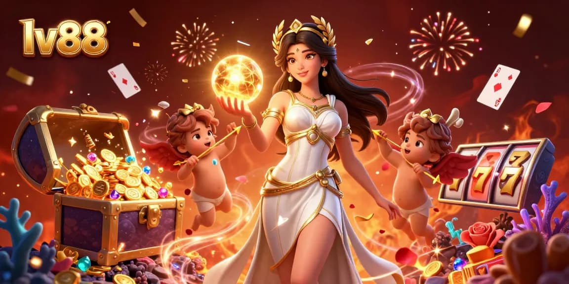 Experience the excitement of lv88 casino gaming with vibrant 3D illustration featuring dynamic characters and shimmering treasures.