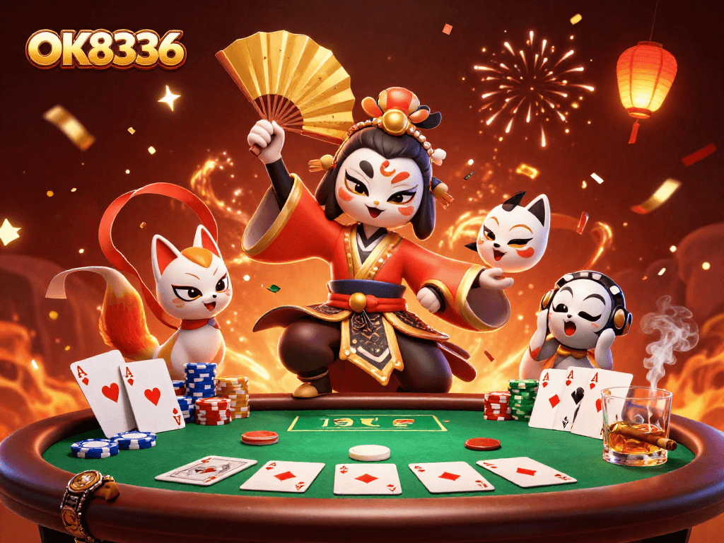 Engage in thrilling poker action with OK8336; vibrant 3D scene showcasing kabuki warrior amidst chips and cards.
