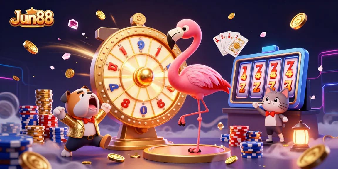 Experience high-stakes gaming fun with Jun88’s vibrant casino illustration showcasing thrilling prizes and excitement.