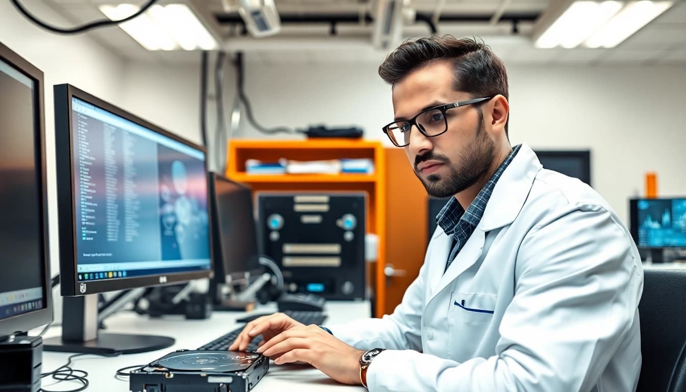 Datenrettung durch einen professionellen Techniker in modernem Labor mit präzisem Equipment.