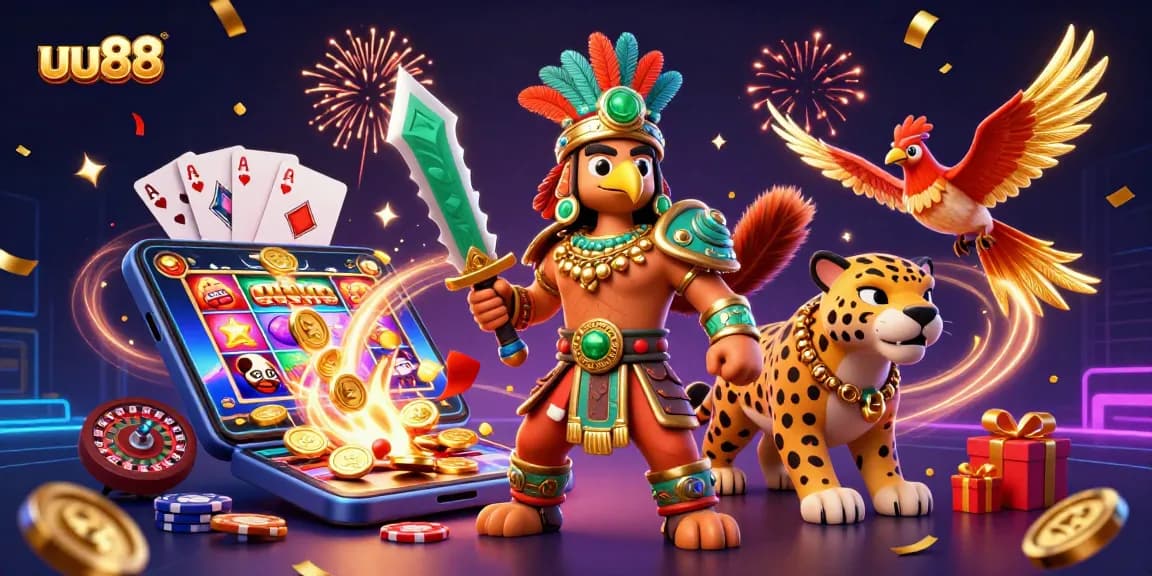 uu88 introduces a vibrant scene showcasing an Aztec warrior eagle, jackpot excitement, and magical celebrations.