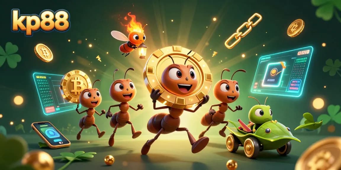 Play and win at kp88 with 3D cartoon ants racing for golden poker chips in a vibrant casino scene.
