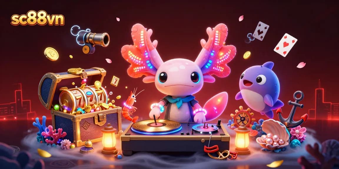 Experience sc88vn's vibrant underwater casino scene with neon characters and golden treasures.