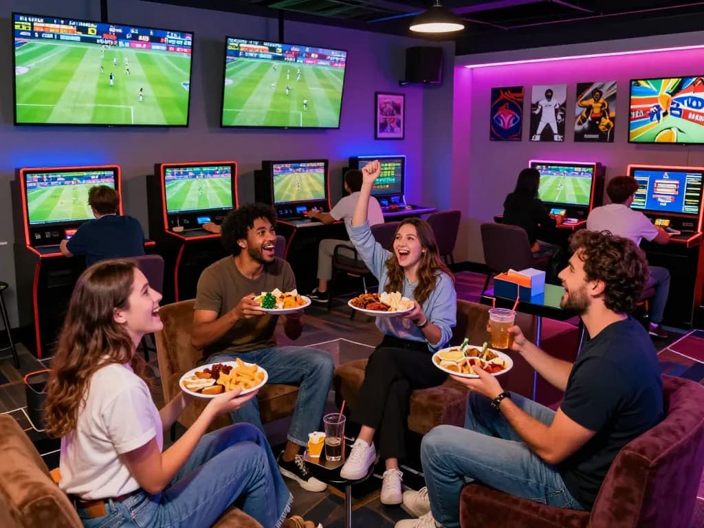 Friends enjoying sports betting in a lively gaming lounge with debet options on digital displays.