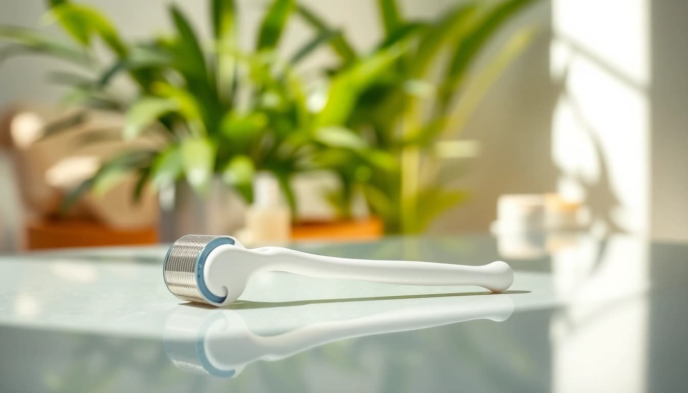 Dermaroller auf einem eleganten Tisch in einem beruhigenden Spa-Ambiente.
