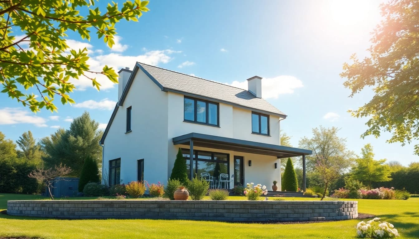 Kaufen Sie Ihr Traumhaus: Modernes Familienhaus mit einem einladenden Garten, ideal für einen Hauskauf.