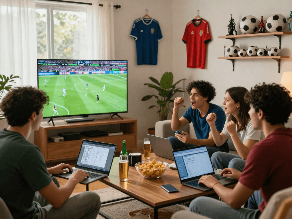 Freunde wetten auf Fußball und schauen ein Spiel in einer gemütlichen Wohnzimszene, voller Energie und Teamgeist.