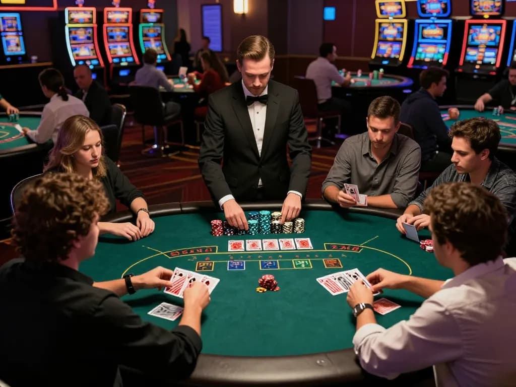 Engaging blackjack game scene showcasing players focused on their strategy, emphasizing Staubbindematte für hygienische Arbeitsbereiche for cleanliness.