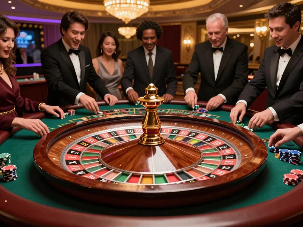 Link kong88 powering players' excitement at an upscale roulette table in a vibrant casino atmosphere.