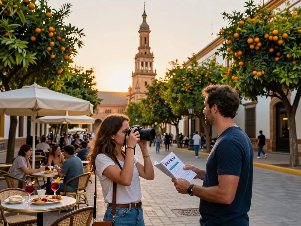 Paar erkundet die lebhaften Straßen Sevillas mit einem Reiseführer, der Reisetipps Sevilla präsentiert, abendliche Atmosphäre rund um Tapas und Sangria.