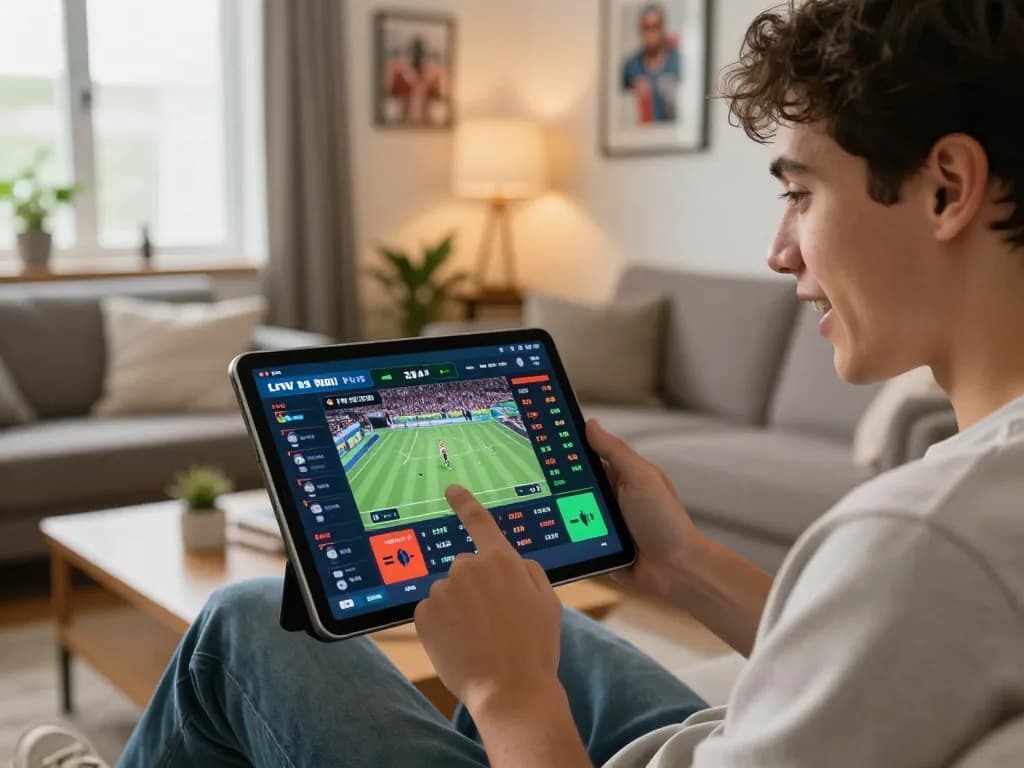 Engaging scene of a user analyzing QQ88 sports betting odds on a tablet in a cozy home.