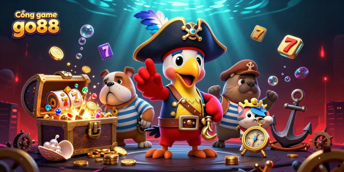 Cổng game go88 features a colorful and dynamic 3D illustration of pirate-themed casino fun with engaging slot elements.