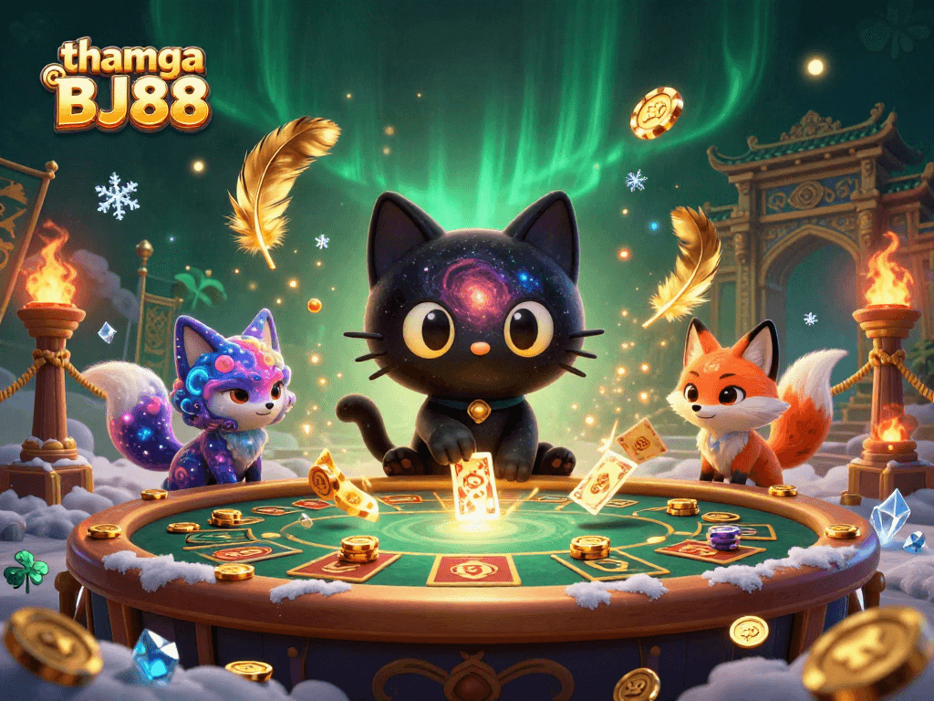 Join the fun at tham gia BJ88 with vibrant casino-themed creatures at a cosmic gambling table.