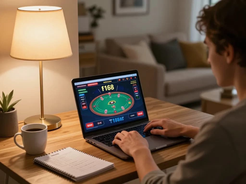Player enjoying f168 online casino poker game at home with cozy ambiance.