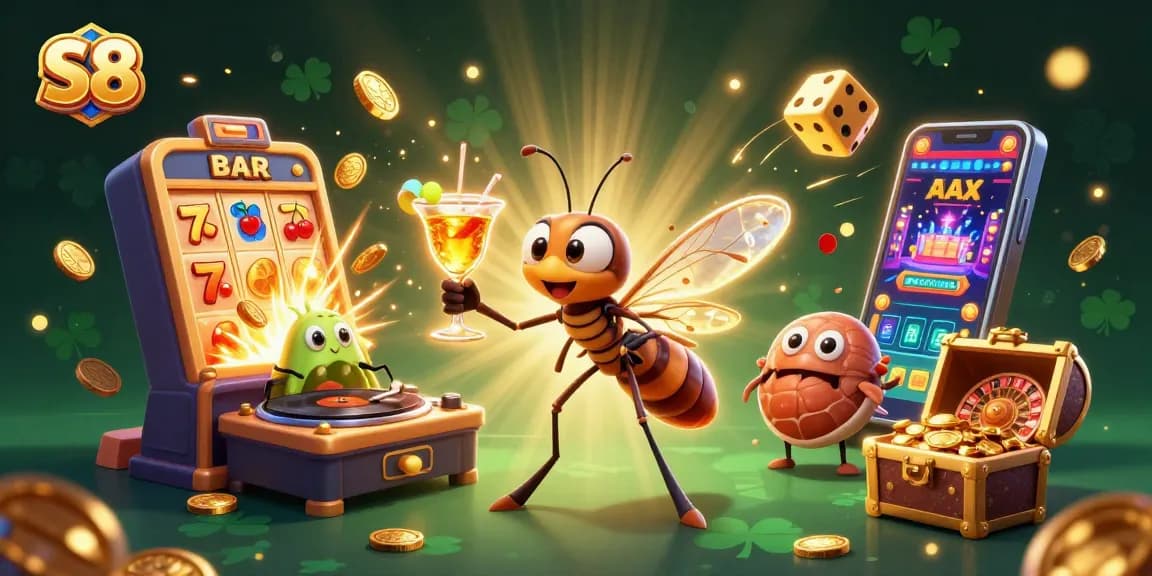 Experience thrilling wins at S8 with a vibrant casino scene filled with cartoon mascots and dynamic gaming elements.