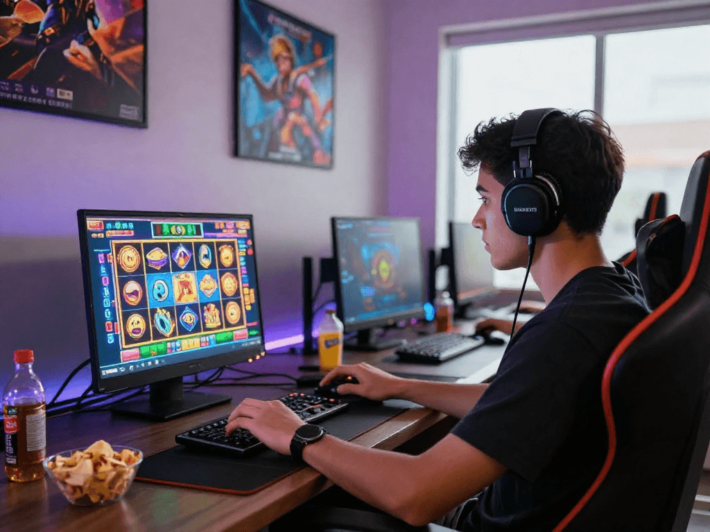 Engaged gamer at https://rokok88rtpslot.org, immersed in vibrant slot gaming atmosphere, colorful visual effects.