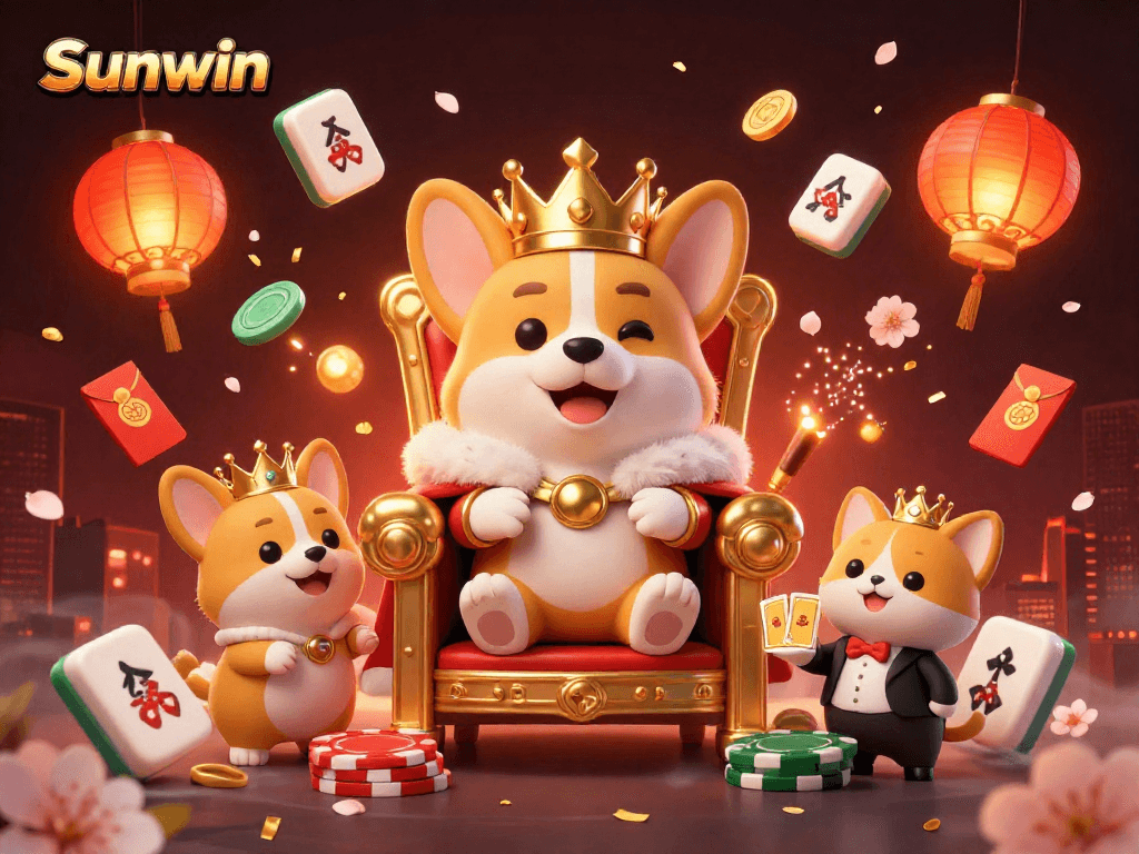 Experience the thrilling world of Sunwin with royal corgis and dynamic casino elements in a vibrant scene.