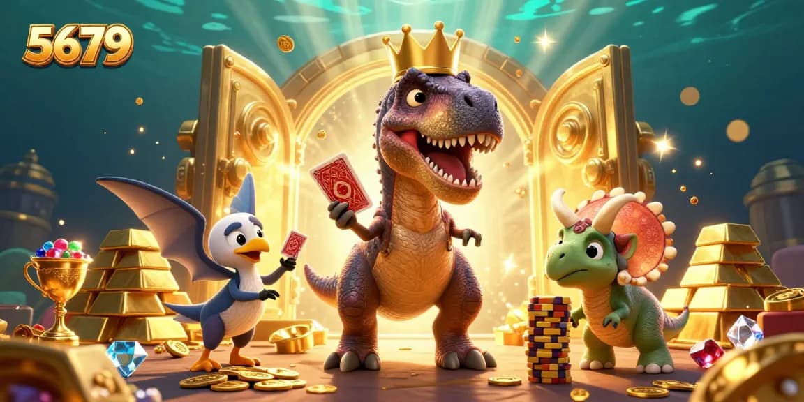 Experience thrilling moments at 5679 with vibrant gambling characters and sparkling treasures.