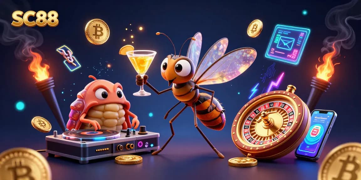 SC88 casino mascot and trilobite DJ in vibrant gaming scene with cryptocurrency elements