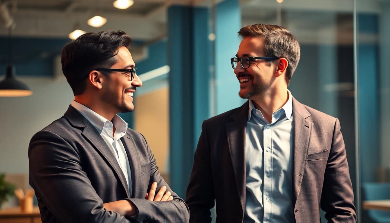 Headhunter im Gespräch mit einem Kandidaten über Karrierechancen in einem modernen Büro.