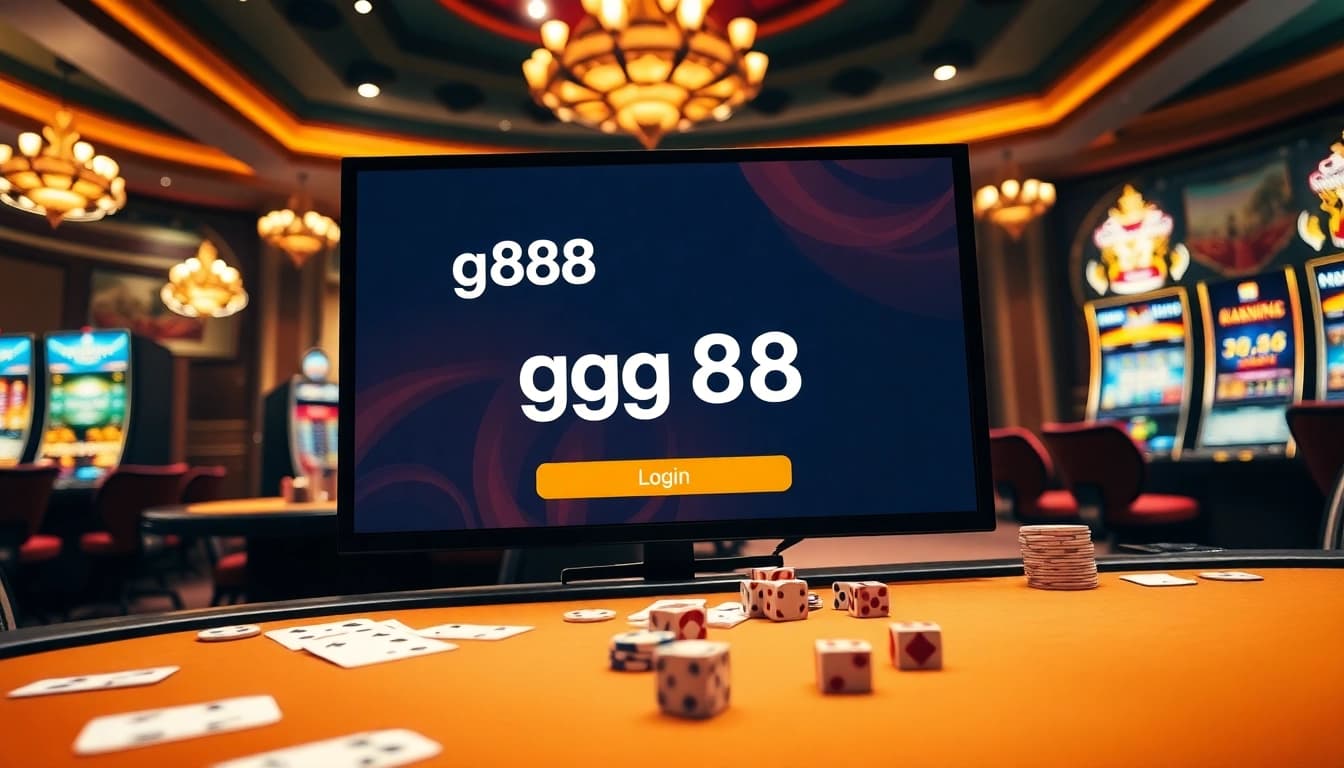Access gg88 login screen on an elegant casino table filled with chips and cards.