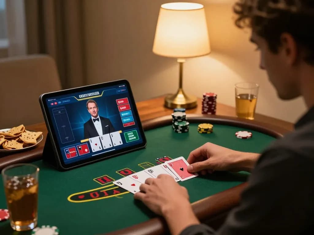 Engaging online blackjack game at home showcasing iwin strategies in a cozy setting