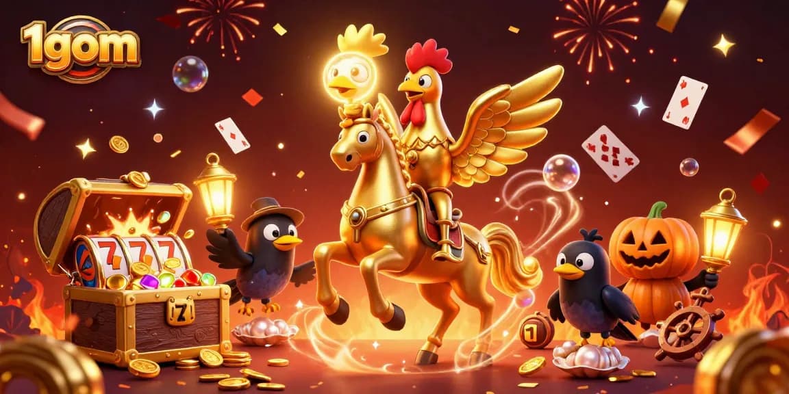 Bet on winning strategies with 1gom's vibrant casino scene featuring golden rooster and festive elements.