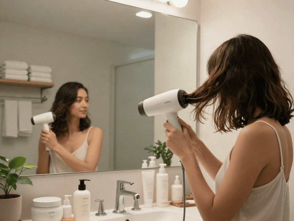 Moderne Frau benutzt den Laifen Mini Haartrockner in stilvollem Badezimmer mit hochwertiger Kosmetik.
