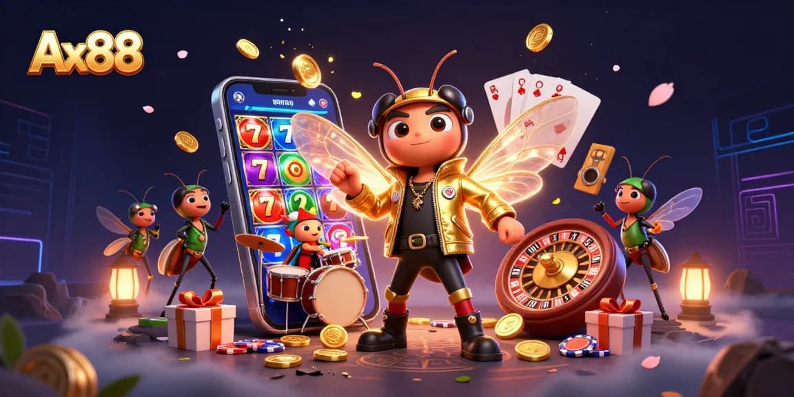 Ax88 brings excitement to players with a vibrant 3D casino scene featuring spinning slot reels and jackpot thrills.