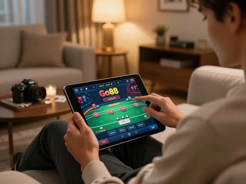 Player enjoying Go88 gaming on a tablet in a cozy living room, capturing online casino excitement.
