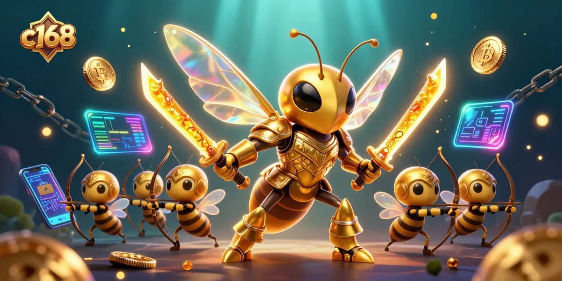 Experience thrilling gaming adventures at c168 with a vibrant 3D illustration of a golden samurai hornet and crypto elements.