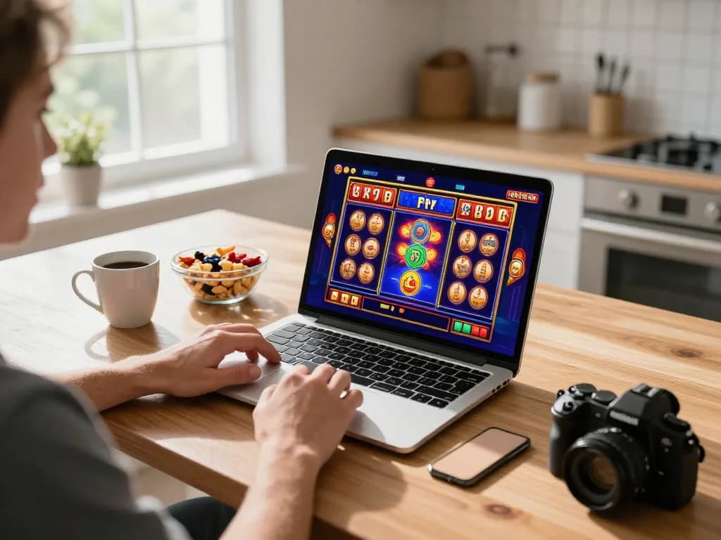 Miso88 user enjoying an online slot game on a laptop in a cozy home setting, representing modern online gaming.