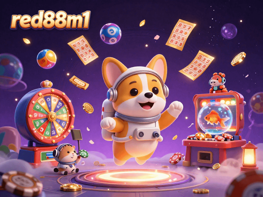 Experience excitement in the floating casino scene with red88m1's vibrant gaming elements and characters.