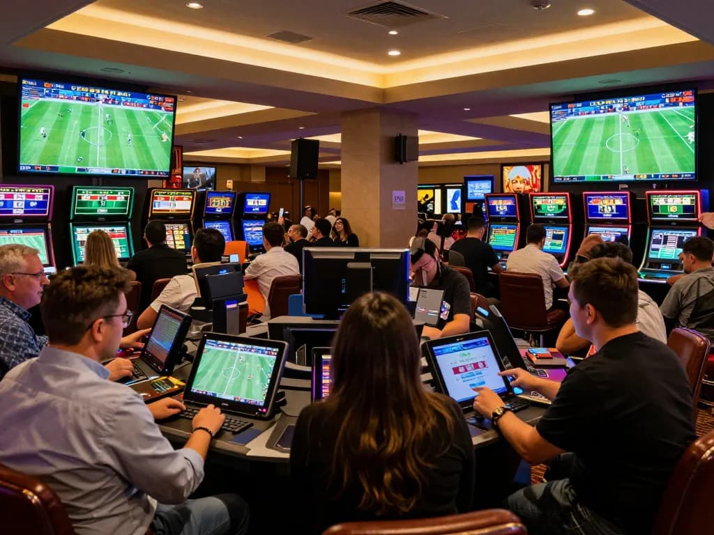 Patrons engaging in sports betting at a casino with live scores on display highlighting 7m-7m's thrill.