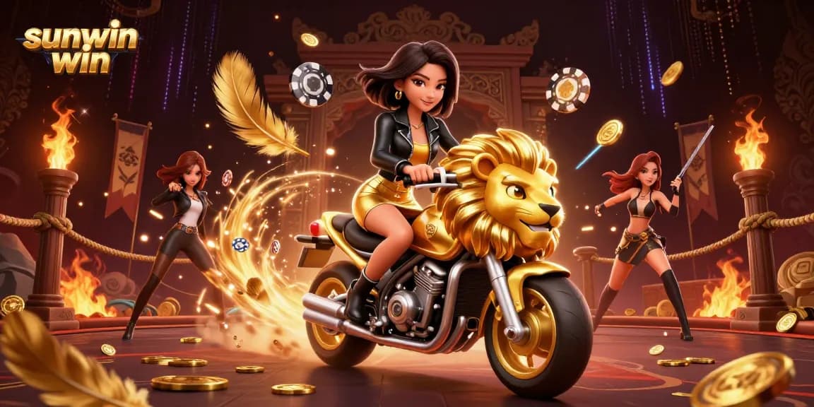 Play thrilling games at sunwin win with vibrant visuals and exciting characters riding a golden lion.