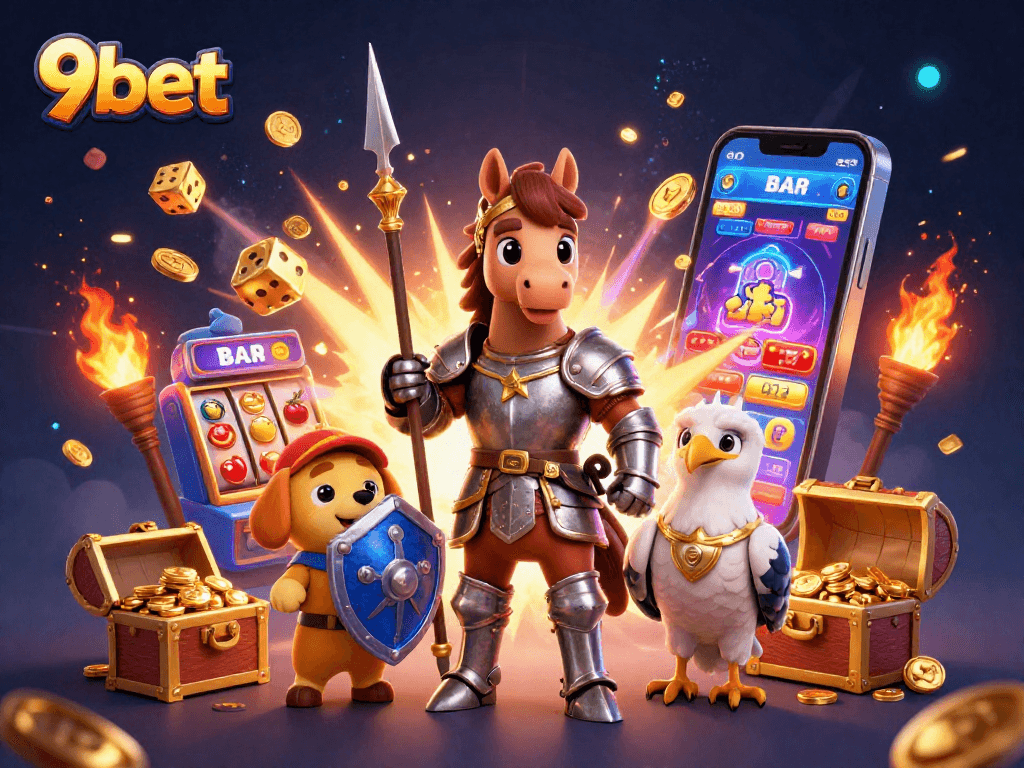 Experience the thrill of 9bet with a vibrant, action-packed casino scene featuring slot machines and dynamic characters.