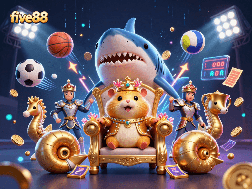 Experience the excitement at five88 with a golden hamster king and sports elements highlighting thrilling betting