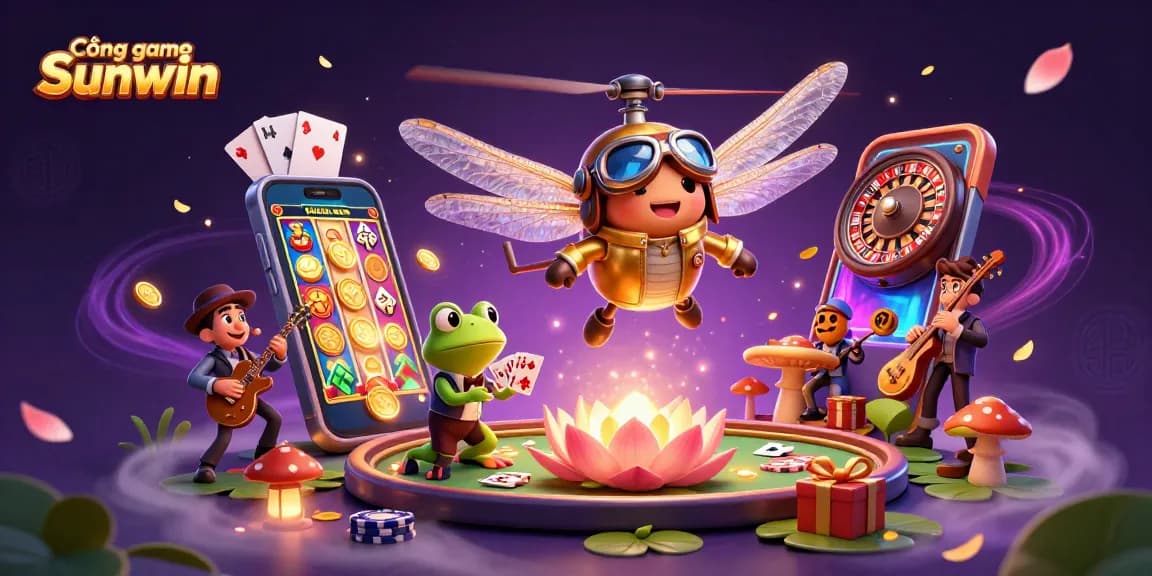 Cổng game Sunwin brings life to a vibrant 3D scene with a dragonfly pilot and a frog croupier, representing exciting casino gaming.