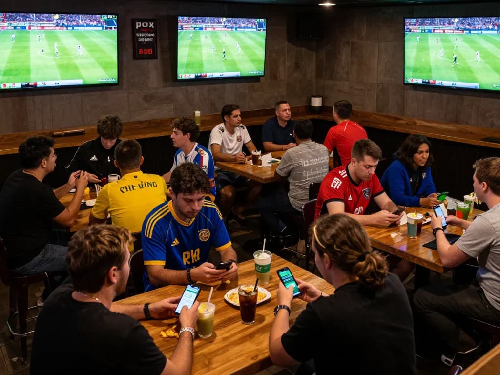 Tỷ lệ kèo nhà cái hôm nay with sports fans actively engaging in betting on live games in a busy sports bar.